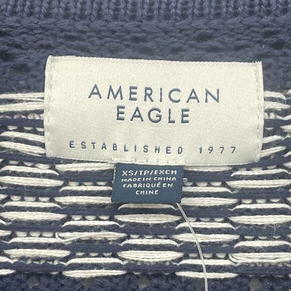 American Eagle Polo Shirt Mens XS Navy Blue Cotton Crochet Striped Checkered New - Picture 3 of 10